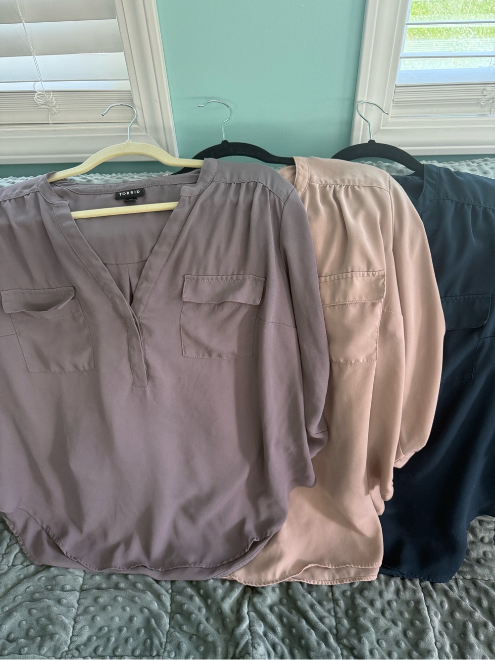 3 Torrid Blouses Blue/Taupe Split-Neck Utility Tunic